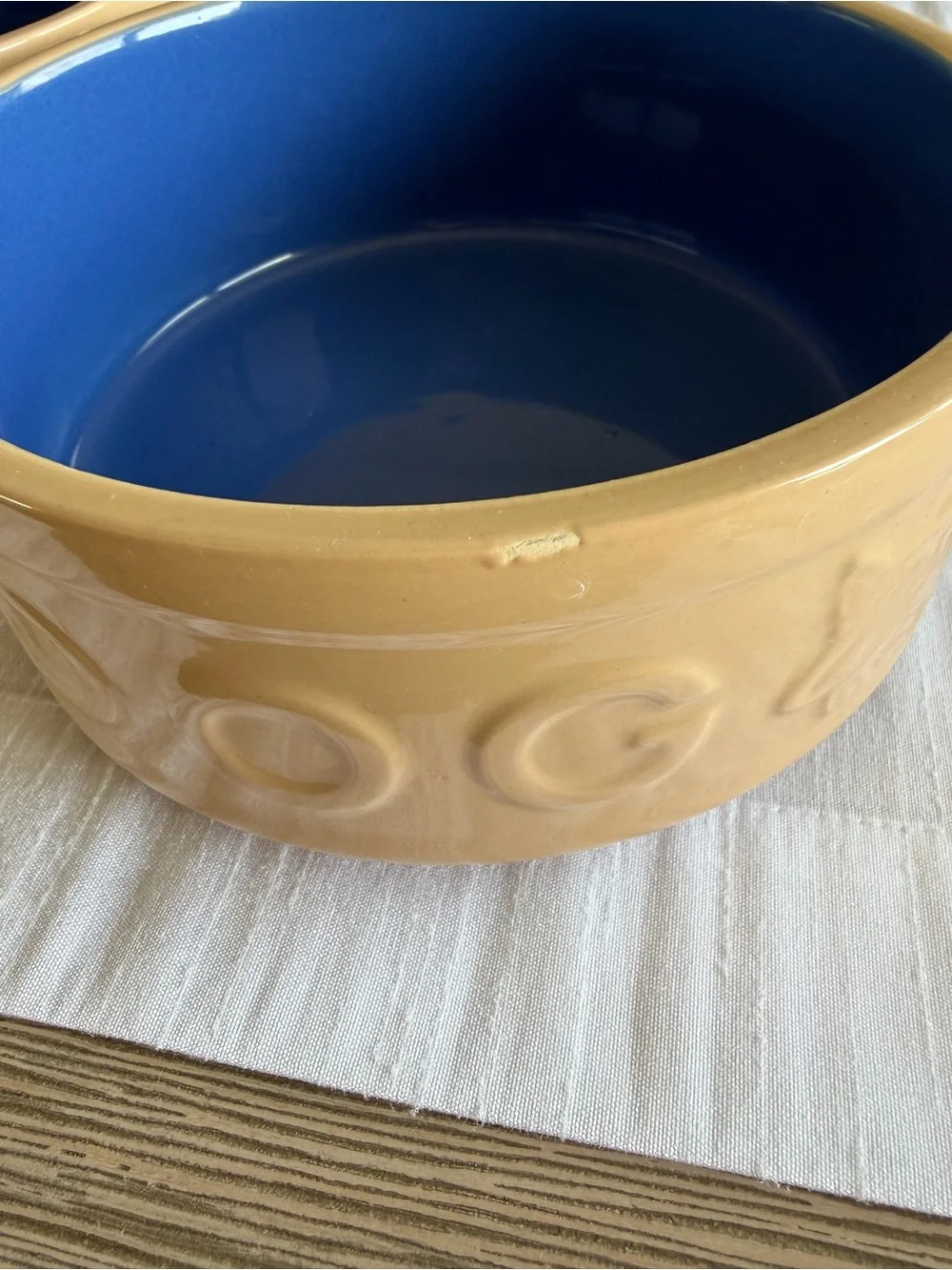 Mason Cash Cane & Blue Lettered Stoneware Dog Bowls